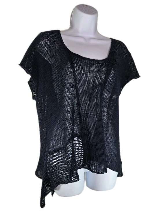 JWA Nature Sweaters - JWA Nature Navy Blue Linen Knit Asymetrical Lagenlook ATW Art to Wear Sweater